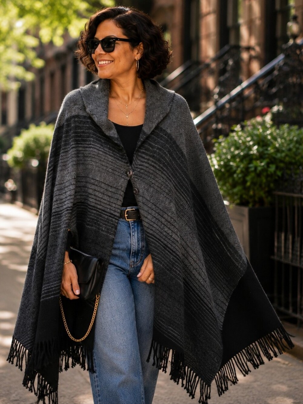 Ashley Stewart Gray and Black Button-Front Poncho